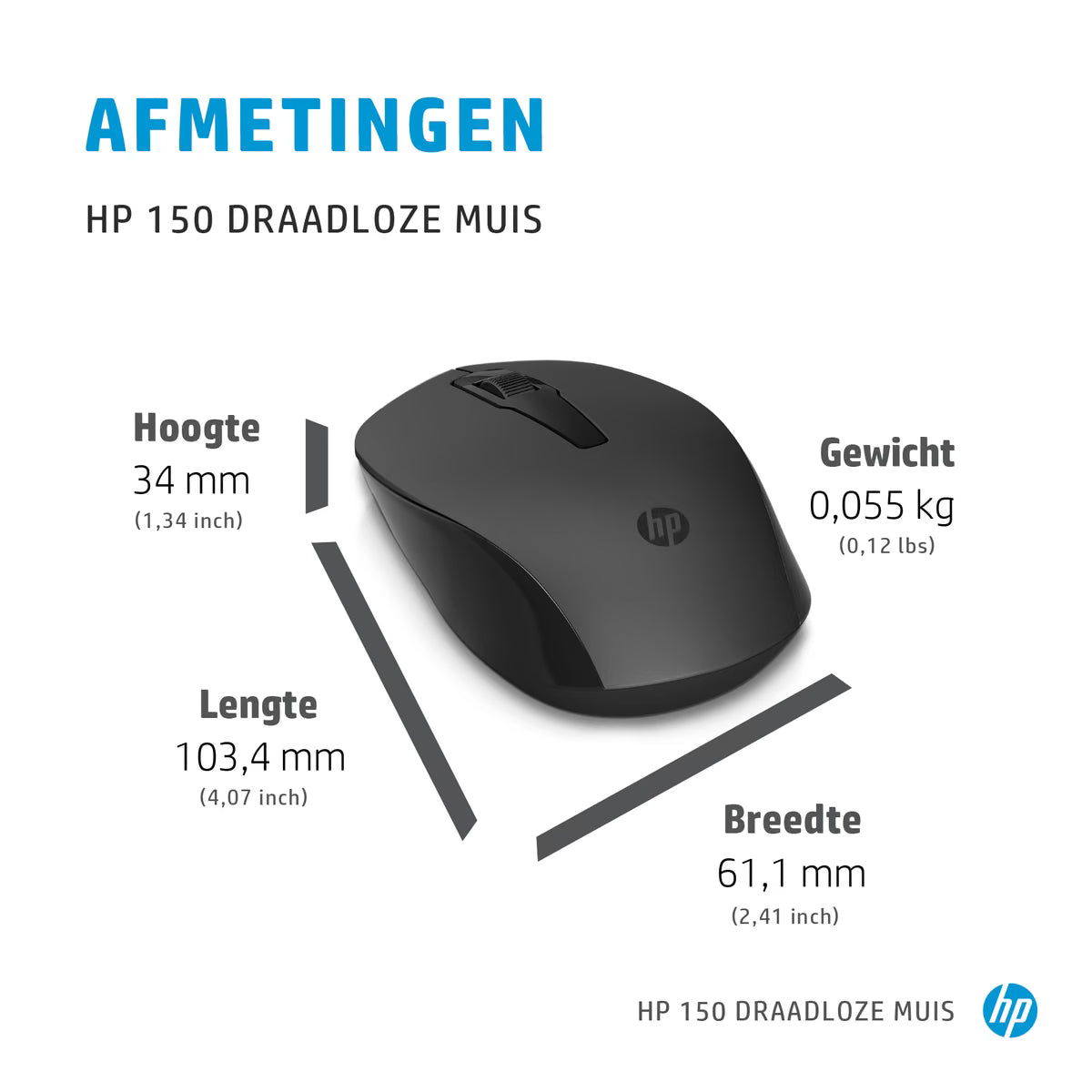 HP 150 draadloze muis 2S9L1AA, afmetingen