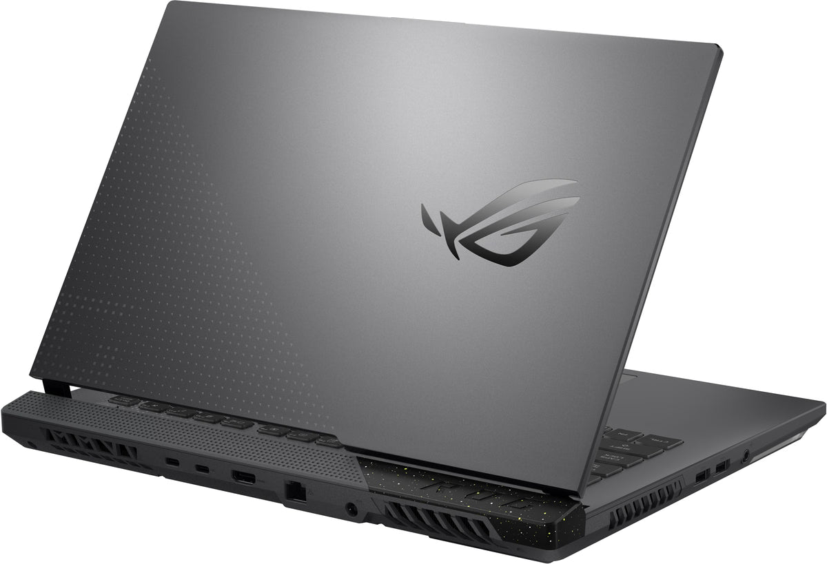 ASUS ROG Strix G15 G513RC 15,6 inch gaming laptop, achterkant met aansluitingen en ventilatie, schuin rechts