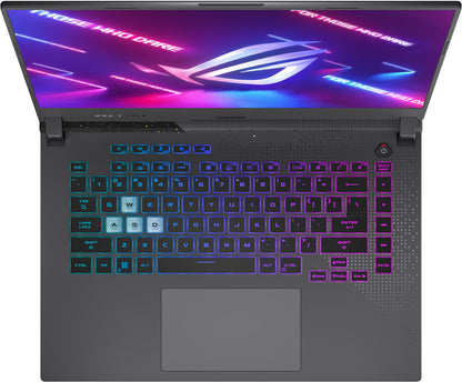 ASUS ROG Strix G15 G513RC 15,6 inch gaming laptop, bovenaanzicht van het verlichte toetsenbord zonder numeriek blok