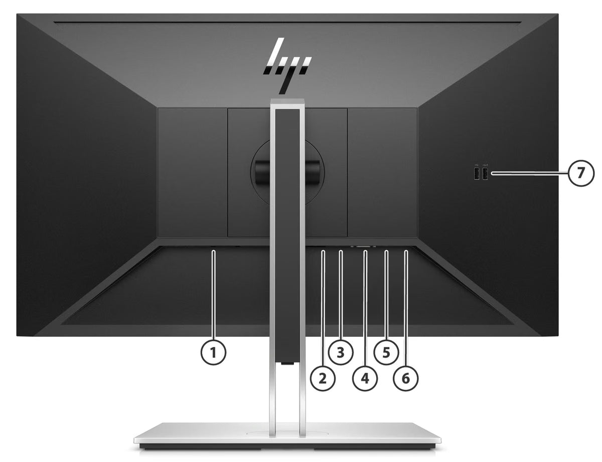 HP EliteDisplay E27 G4 27 inch Full HD monitor, achteraanzicht met standaard en aansluitingen